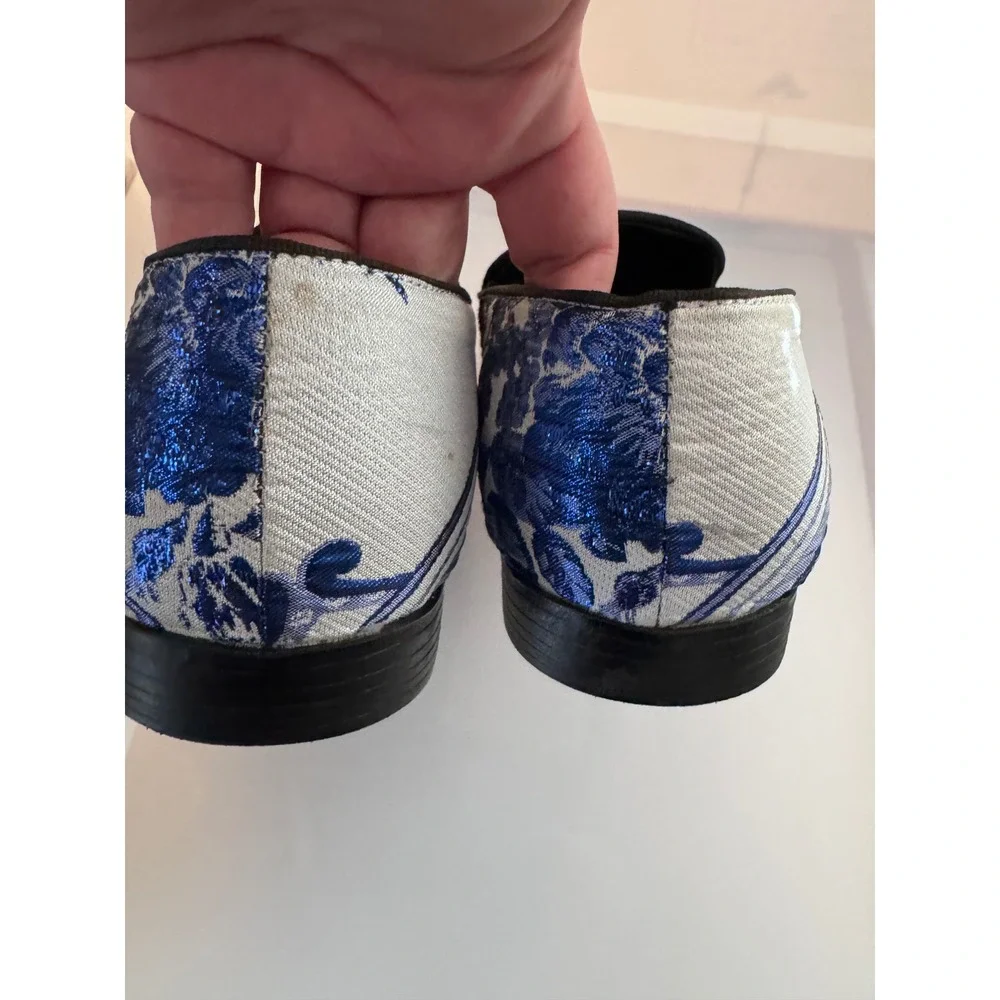 Successo Uomo by Puita Mens Blue White Jacquard Damask Bit Loafers Dress Shoes